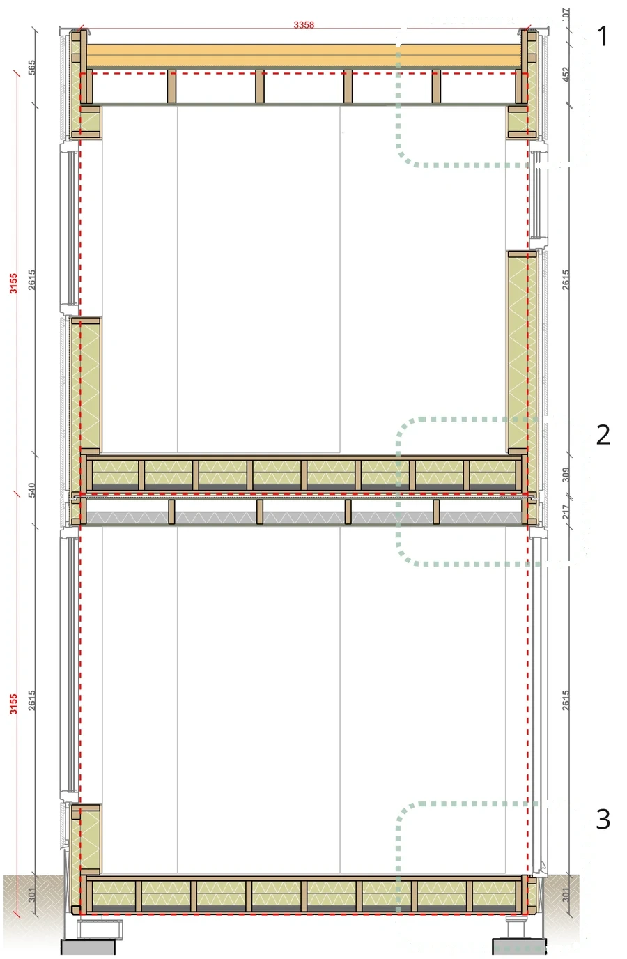 Section through two stacked modules with the roof, floor and ground floor details marked