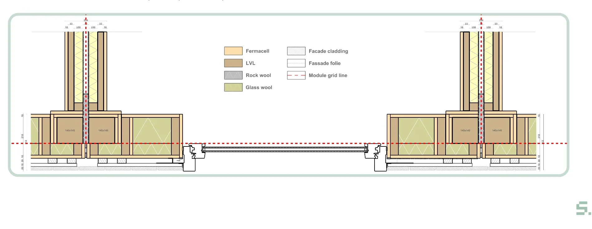 Facade build-up in section: fermacell, LVL, insulation, cladding